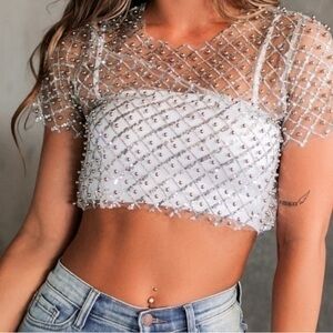 New Staying Golden Sequin & Glitter Mesh Crop Top
